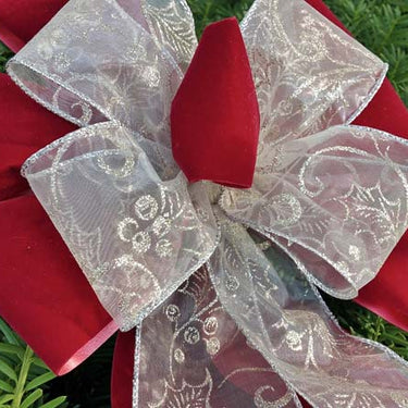 Red Velvet / Silver Sheer with Gold Holly Glitter Combo Bow