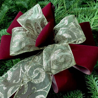 Red Velvet / Silver Sheer with Gold Holly Glitter Combo Bow