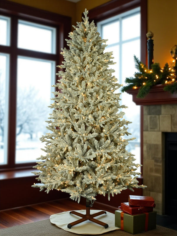 Nordic Flocked Fir Artificial Christmas Tree – 5’ or 7.5’ Pre-Lit with Color-Changing Starry Lights