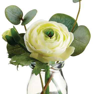 Faux Ranunculus & Eucalyptus in Glass Vase Soft Yellow - 5.5 inch
