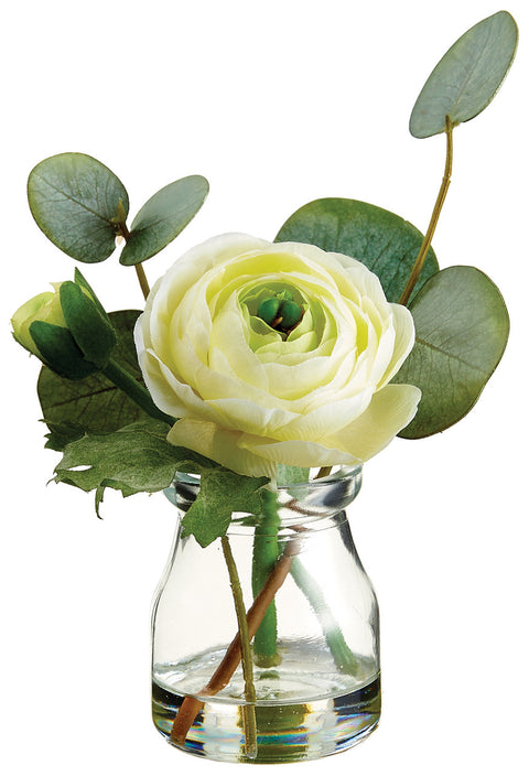 Faux Ranunculus & Eucalyptus in Glass Vase Soft Yellow - 5.5 inch