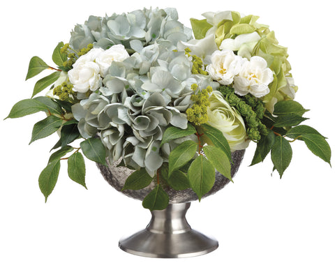 Faux Hyrdangea/Ranunculus/Sedum in Aluminum Bowl Blue/Green - 12 inch