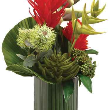 Faux Protea/ Bromeliad/Grass in Glass Vase Red/Green - 24.5 inch