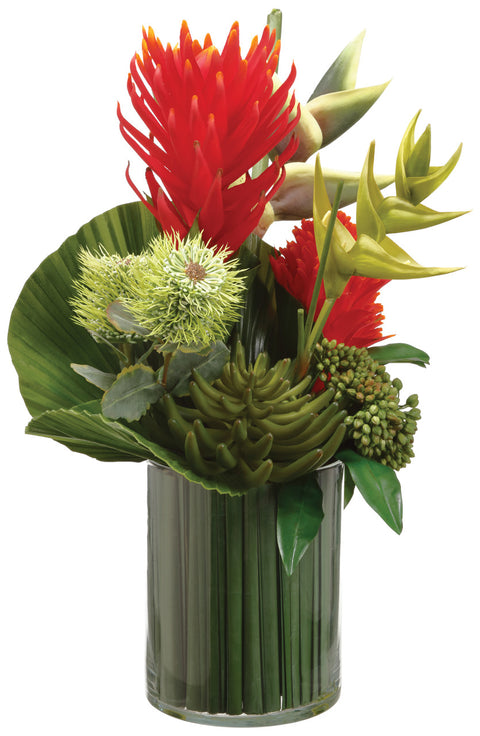 Faux Protea/ Bromeliad/Grass in Glass Vase Red/Green - 24.5 inch