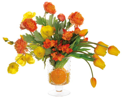Faux Tulips/Poppy/Orange/Lemon in Glass Vase Yellow/Orange - 18 inch