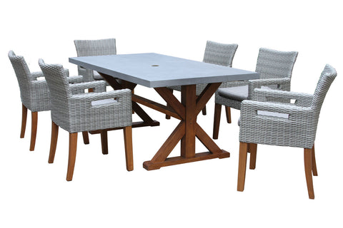 Patio Dining - 7pc Retangular Grey Composite Top Dining Set With Cushions - 74 inch