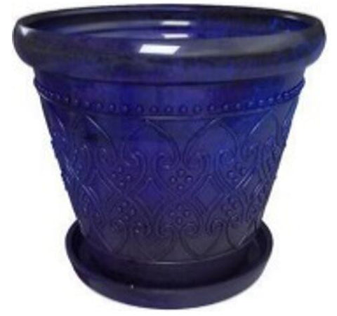 blue planter with saucer Glazed Ceramic Royal Textured Planter with Saucer